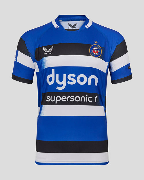 Front view Bath Rugby Home Replica Shirt blue with thick stripes and Dyson sponsor across chest.