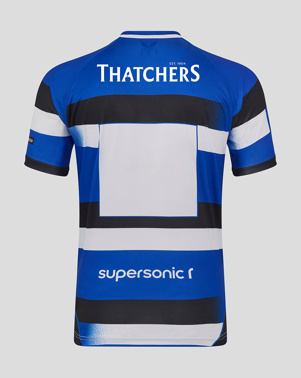 Back view of Bath Rugby home shirt with Thatchers crest and bold blue white black stripes.