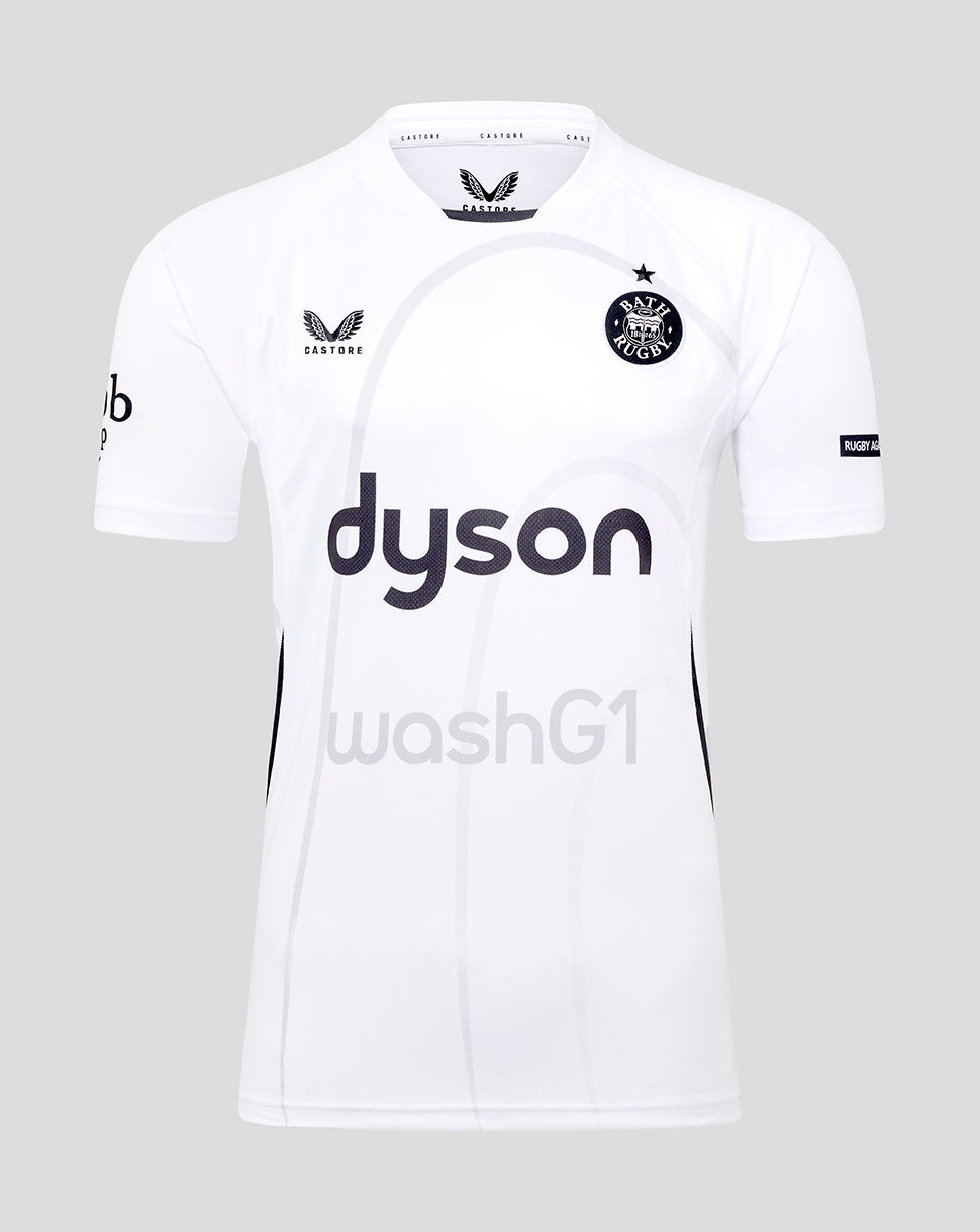 White Bath Rugby Away Replica Shirt with Bath Rugby crest on the chest and a large Dyson sponsor across the front