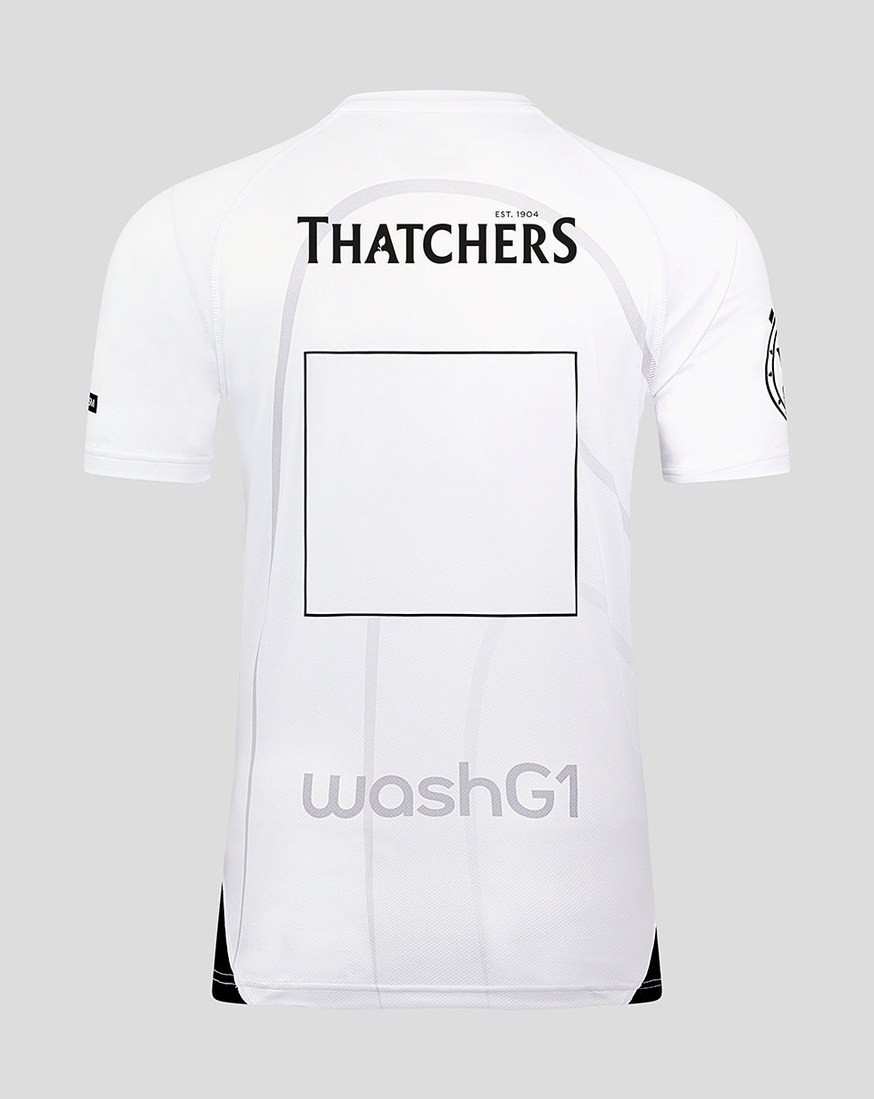 Back view of Bath Rugby away replica shirt with Thatchers logo and a large back sponsor square