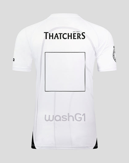 Back view of Bath Rugby away replica shirt with Thatchers logo and a large back sponsor square