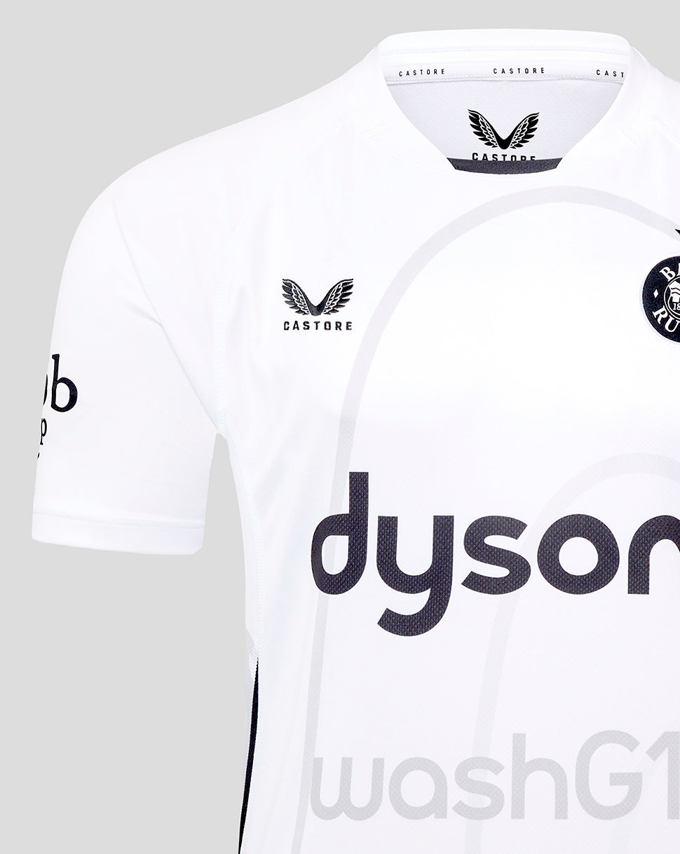 White Bath Rugby away shirt with Dyson sponsor across the front and Bath crest on the chest.