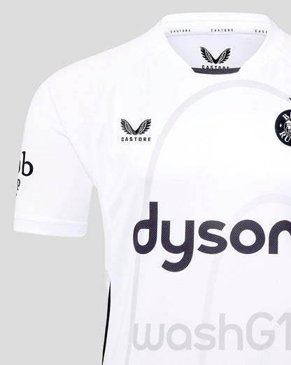 White Bath Rugby away shirt with Dyson sponsor across the front and Bath crest on the chest.