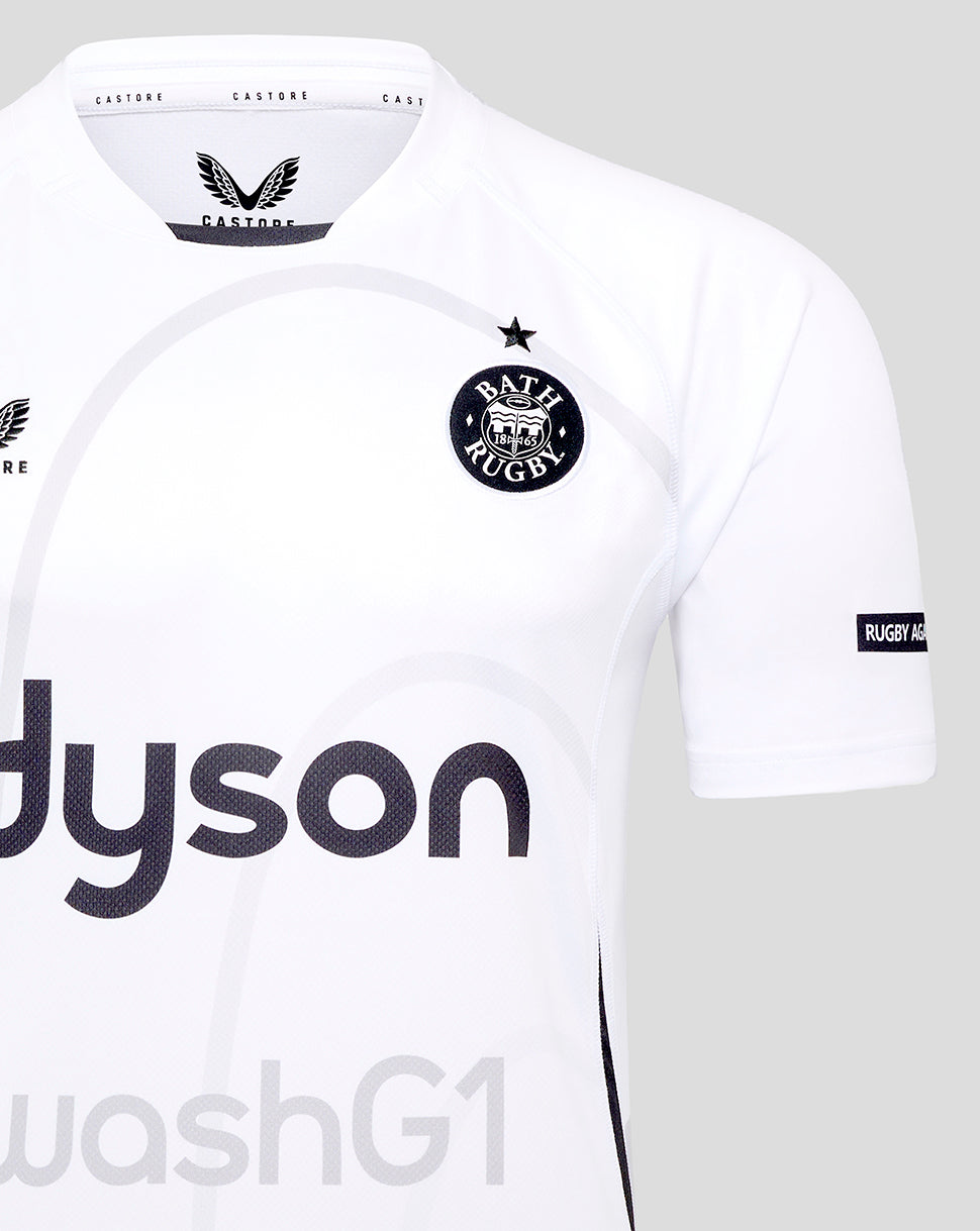 Front view of white Bath Rugby Away Replica Shirt with Dyson sponsor across the chest