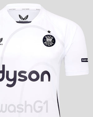 Front view of white Bath Rugby Away Replica Shirt with Dyson sponsor across the chest