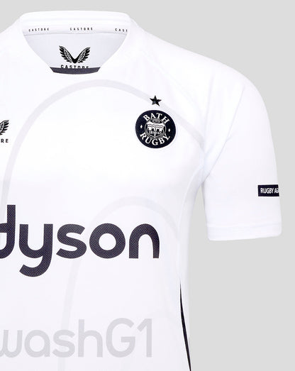 Front view of white Bath Rugby Away Replica Shirt with Dyson sponsor across the chest
