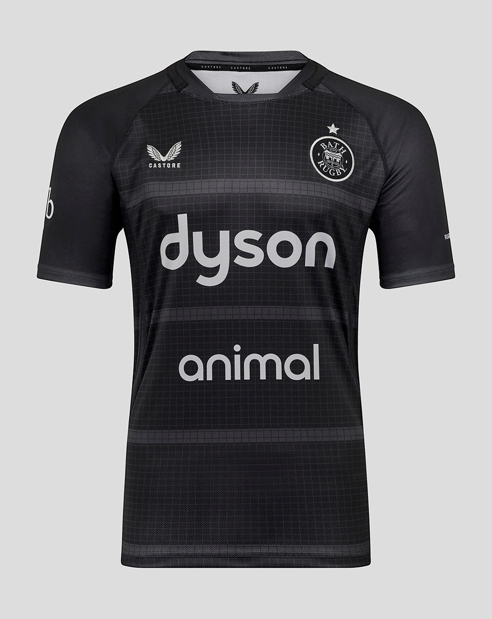 Front view of Bath Rugby Men's 25/26 European Replica Shirt in black with Bath crest on the chest and Dyson and animal sponsor logos