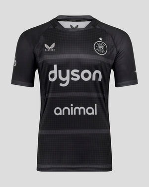 Front view of Bath Rugby Men's 25/26 European Replica Shirt in black with Bath crest on the chest and Dyson and animal sponsor logos