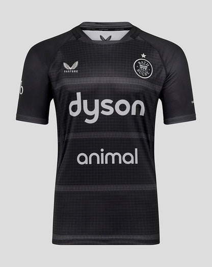 Front view of Bath Rugby Men's 25/26 European Replica Shirt in black with Bath crest on the chest and Dyson and animal sponsor logos