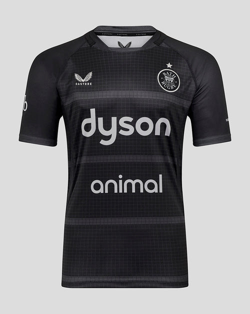 Front view of Bath Rugby Men's 25/26 European Replica Shirt in black with Bath crest on the chest and Dyson and animal sponsor logos