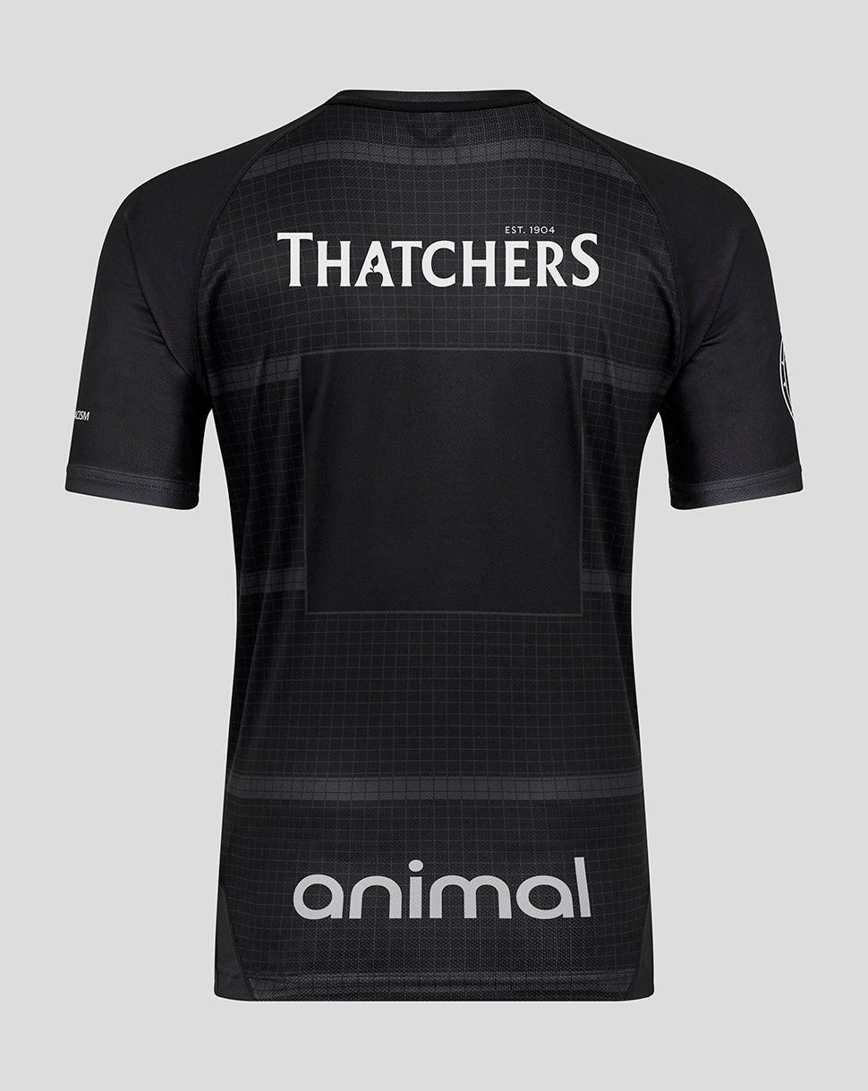 Back view of black Bath Rugby European replica shirt featuring Thatchers and animal sponsor