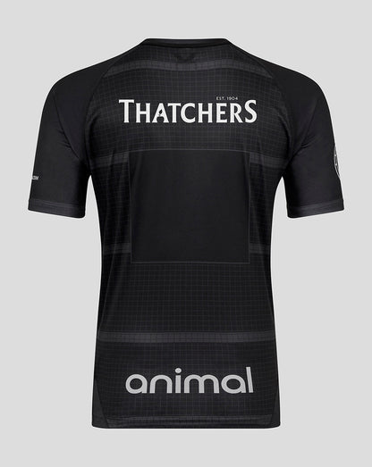 Back view of black Bath Rugby European replica shirt featuring Thatchers and animal sponsor