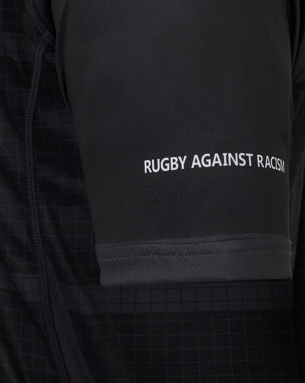 Black Bath Rugby replica shirt sleeve with Rugby Against Racism slogan