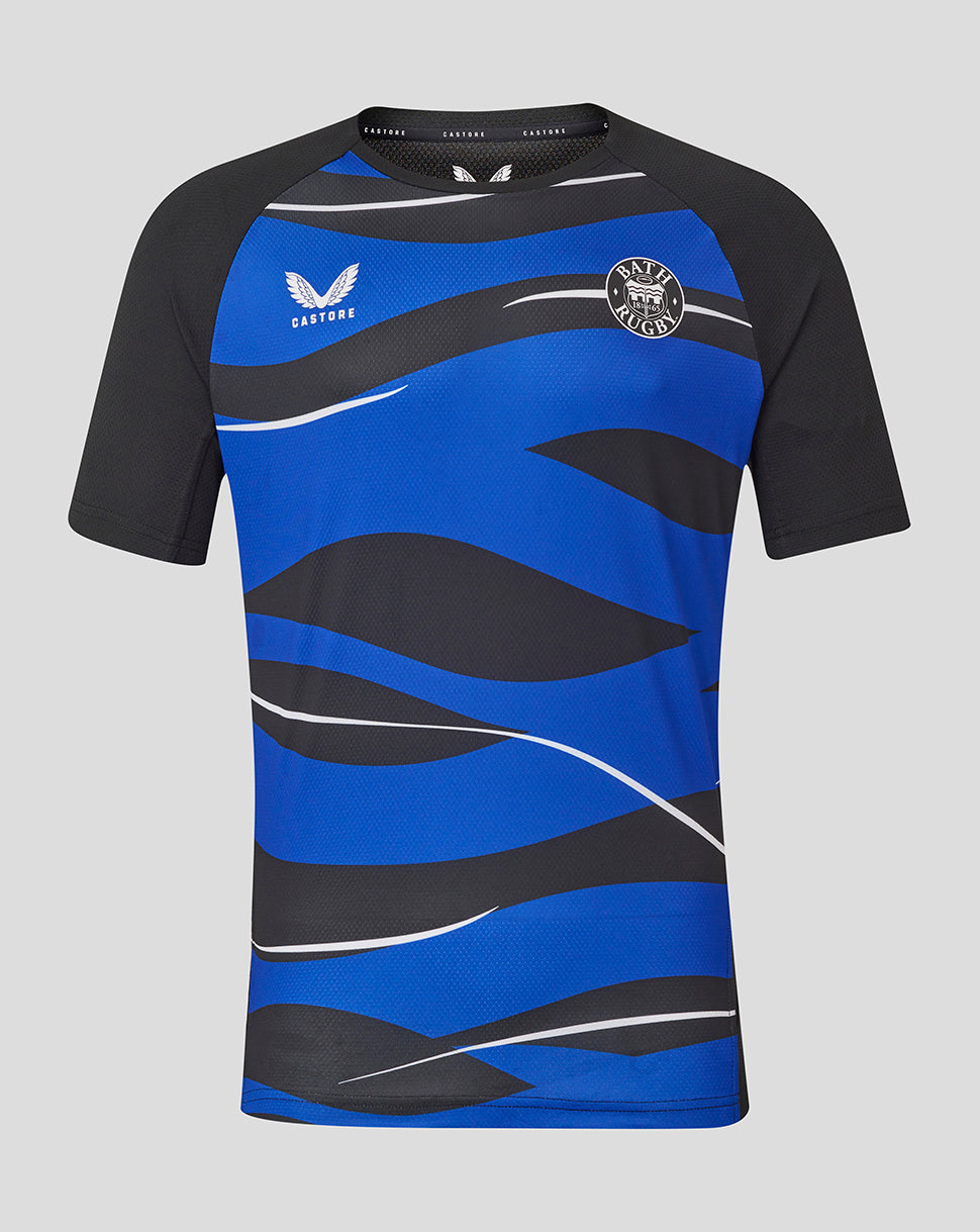 Bath Rugby men's graphic pack tee front view featuring blue black abstract pattern and Bath crest on chest.
