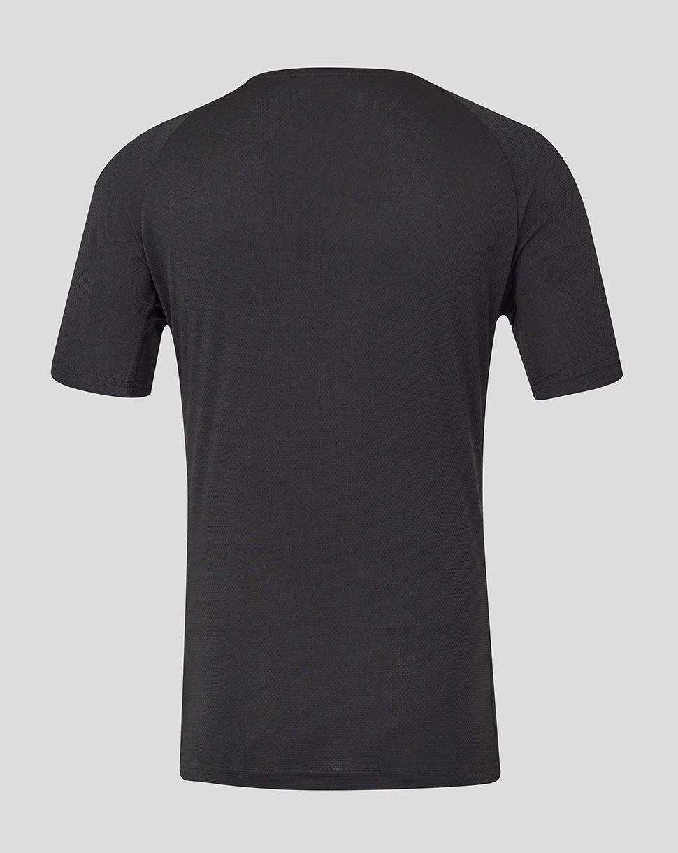 Back view of a plain dark charcoal short sleeve tee.