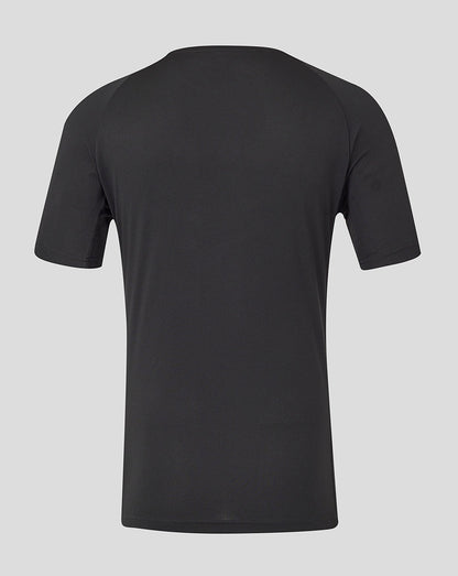 Back view of a plain dark charcoal short sleeve tee.