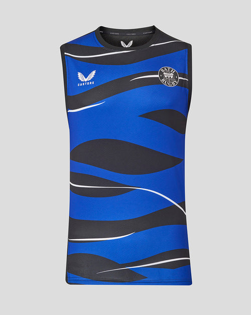 Bath Rugby sleeveless graphic tee in blue and black with chest crest and white accents