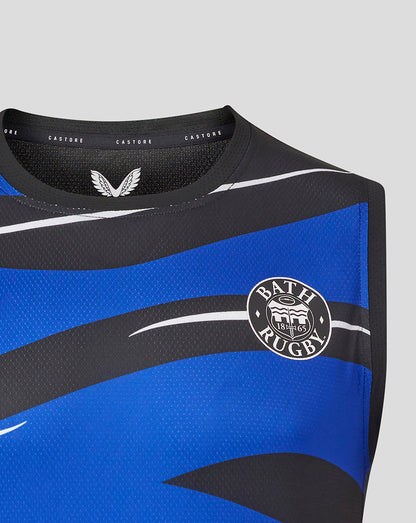 Blue and black graphic sleeveless tee with Bath Rugby crest on the chest