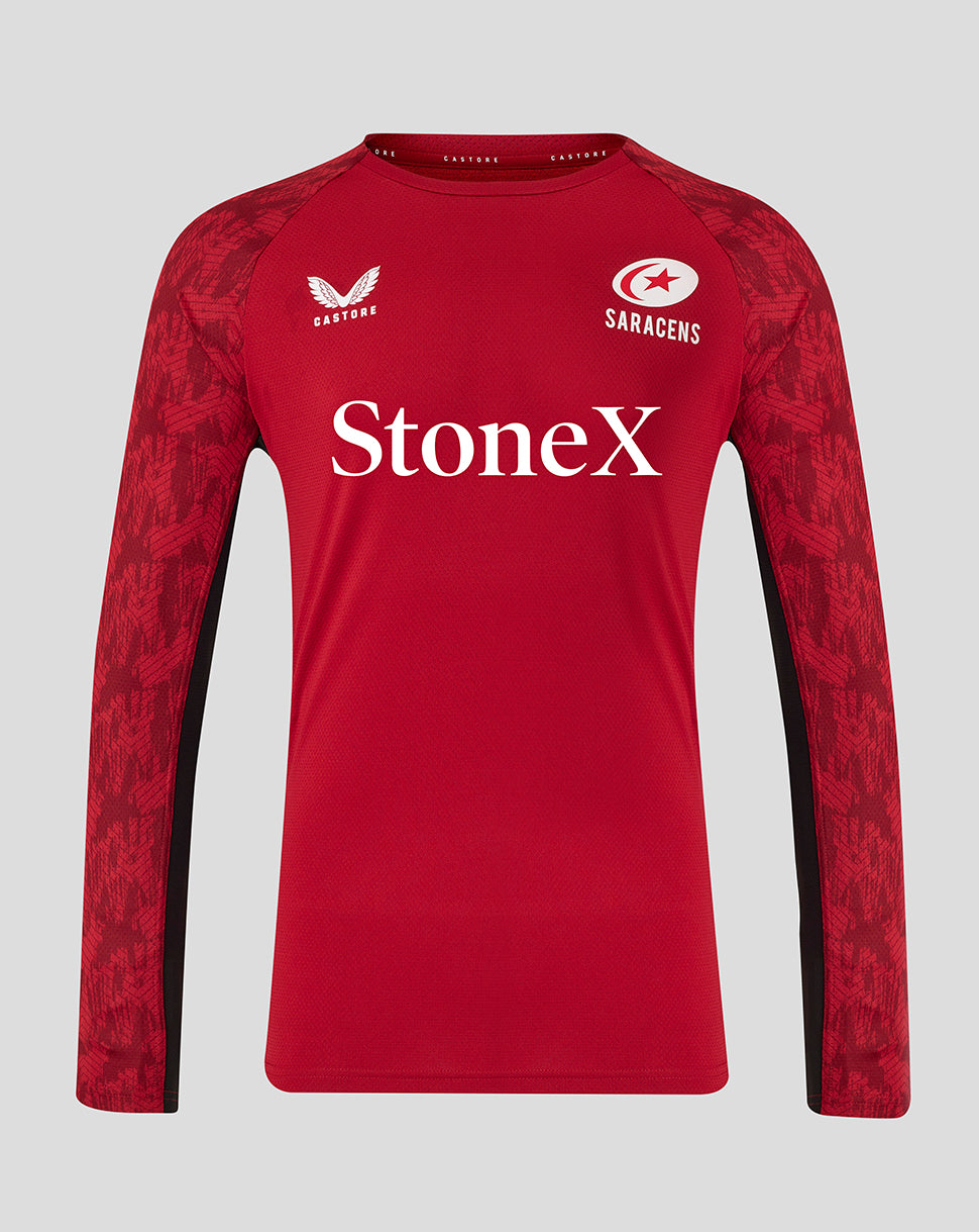Front view of red Saracens training long sleeve tee with large StoneX branding.