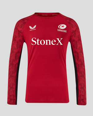 Front view of red Saracens training long sleeve tee with large StoneX branding.