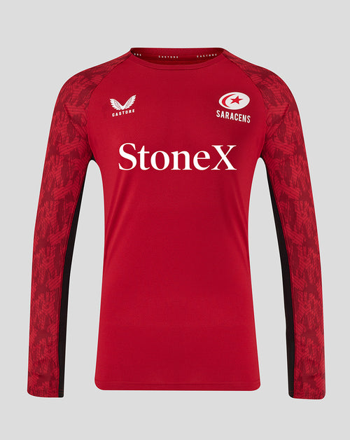 Front view of red Saracens training long sleeve tee with large StoneX branding.