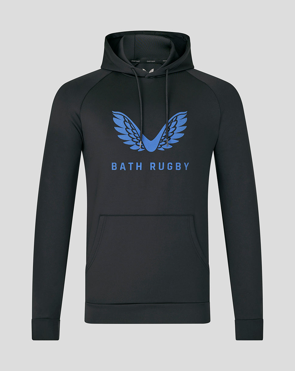 Front view of black Bath Rugby men's scuba hoodie featuring blue wing logo