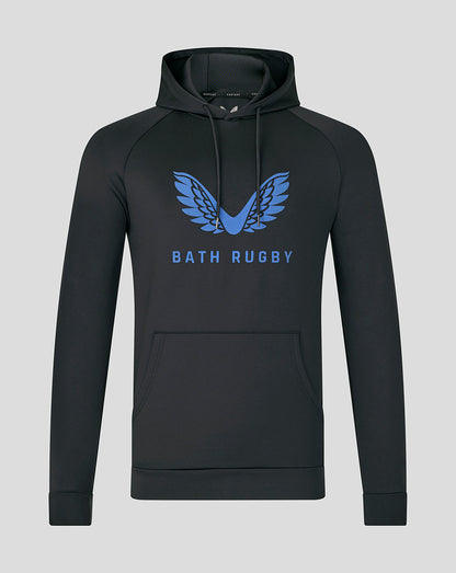 Bath Rugby Junior 25/26 presentation scuba hoodie in black with blue logo on chest and front pocket