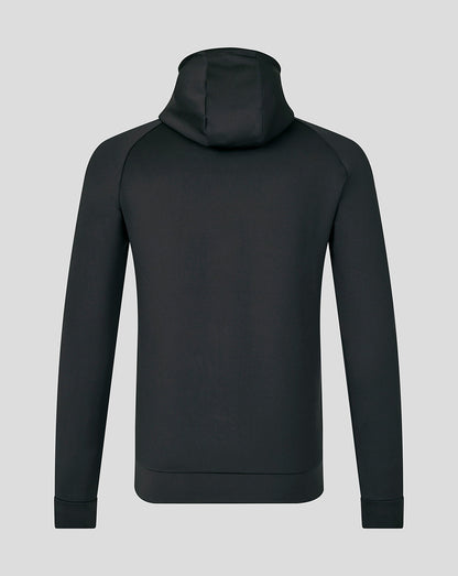 Back view of Bath Rugby men's black presentation scuba hoodie with hood up.