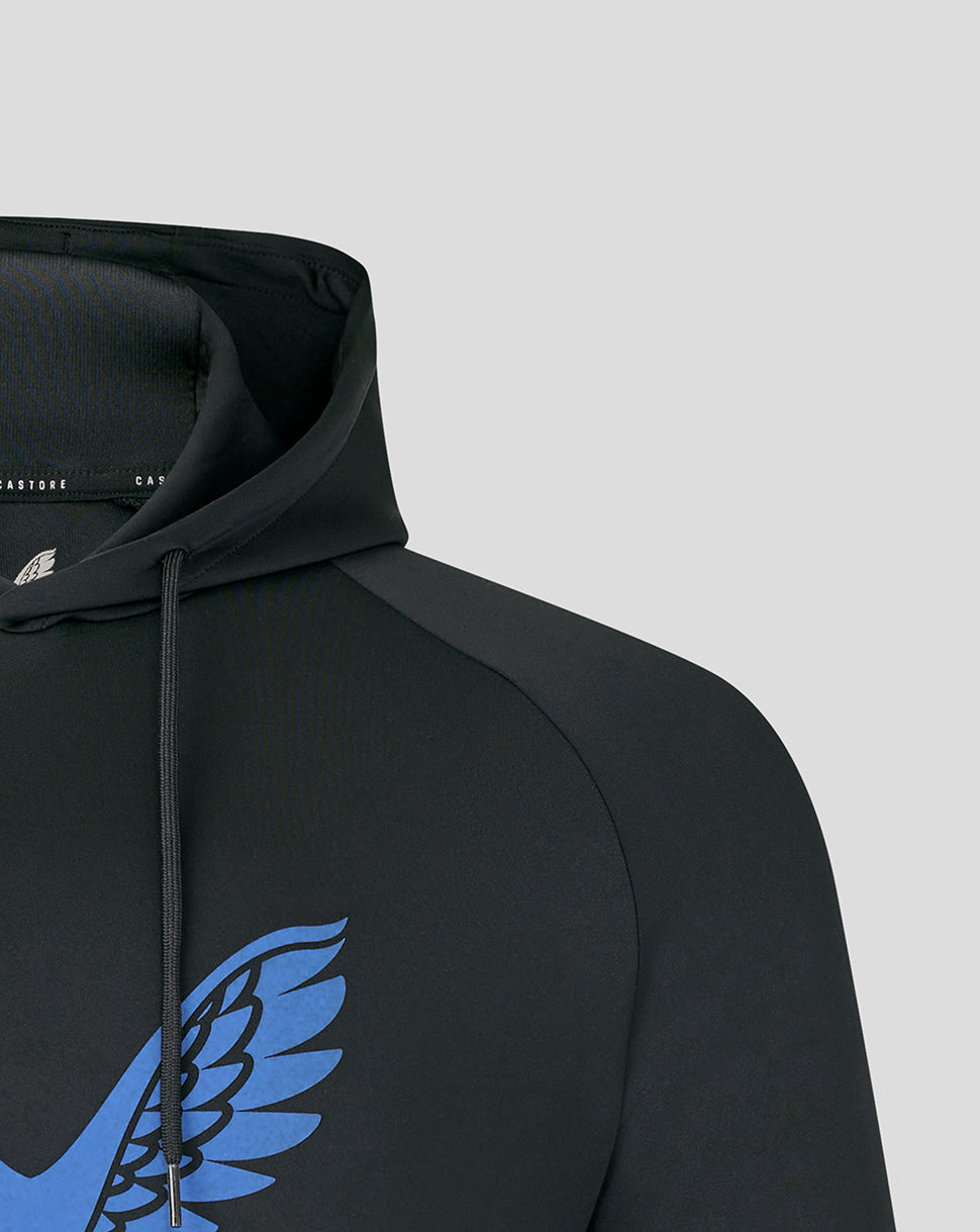 Close-up of the black Bath Rugby hoodie shoulder with the blue wing logo and visible hood strings