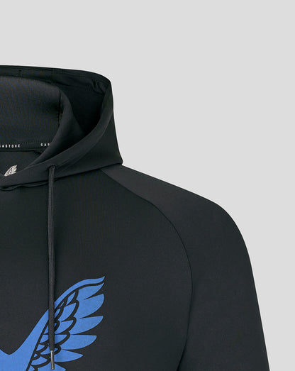 Close-up of the black Bath Rugby hoodie shoulder with the blue wing logo and visible hood strings