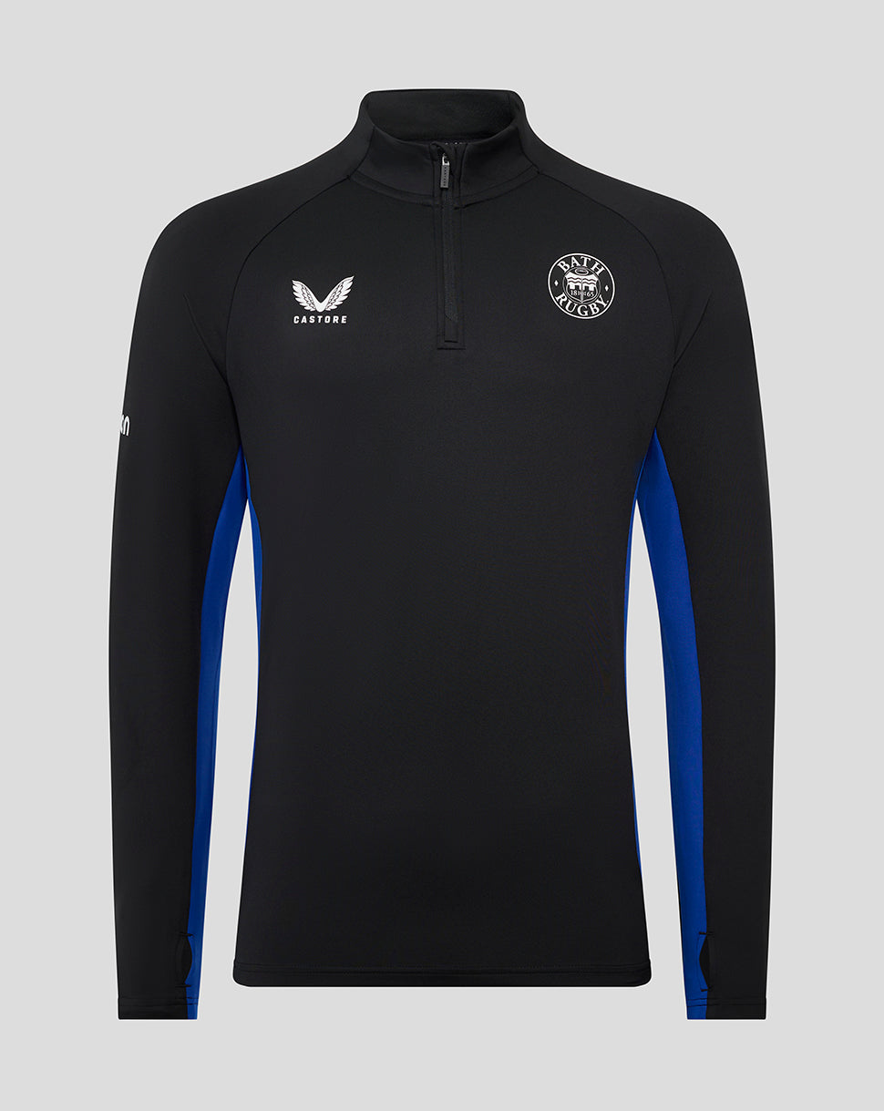 Bath Rugby men's black quarter-zip training midlayer with blue side panels and team crest on chest