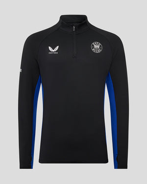 Bath Rugby men's black quarter-zip training midlayer with blue side panels and team crest on chest
