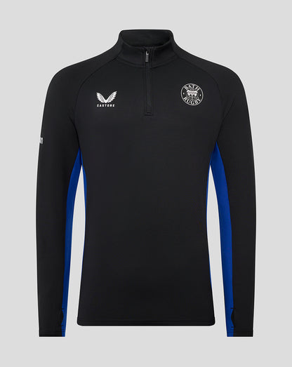Bath Rugby junior quarter-zip training midlayer in black with blue side panels and a team crest on the chest