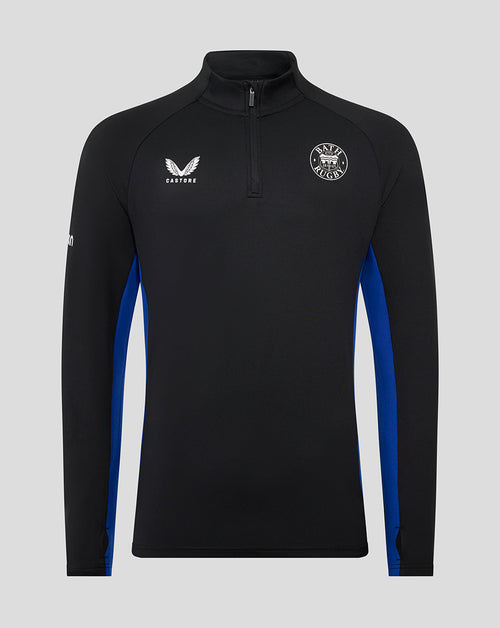 Bath Rugby junior quarter-zip training midlayer in black with blue side panels and a team crest on the chest