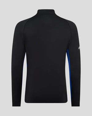 Back view of Bath Rugby junior quarter-zip training midlayer in black with blue side panels