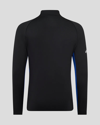 Back view of Bath Rugby junior quarter-zip training midlayer in black with blue side panels