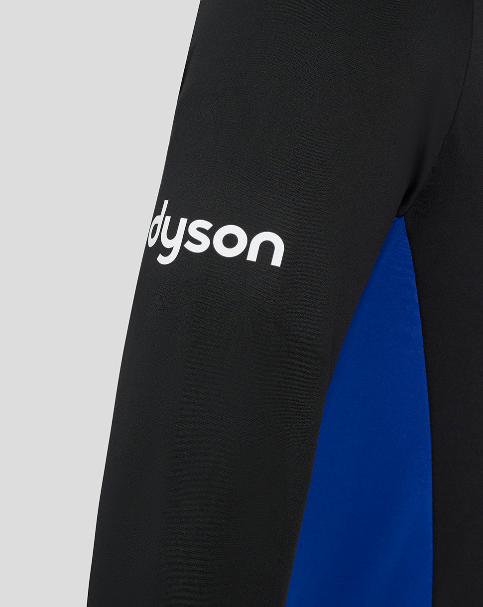 Sleeve detail of Bath Rugby midlayer showing white Dyson branding on black fabric with blue panel