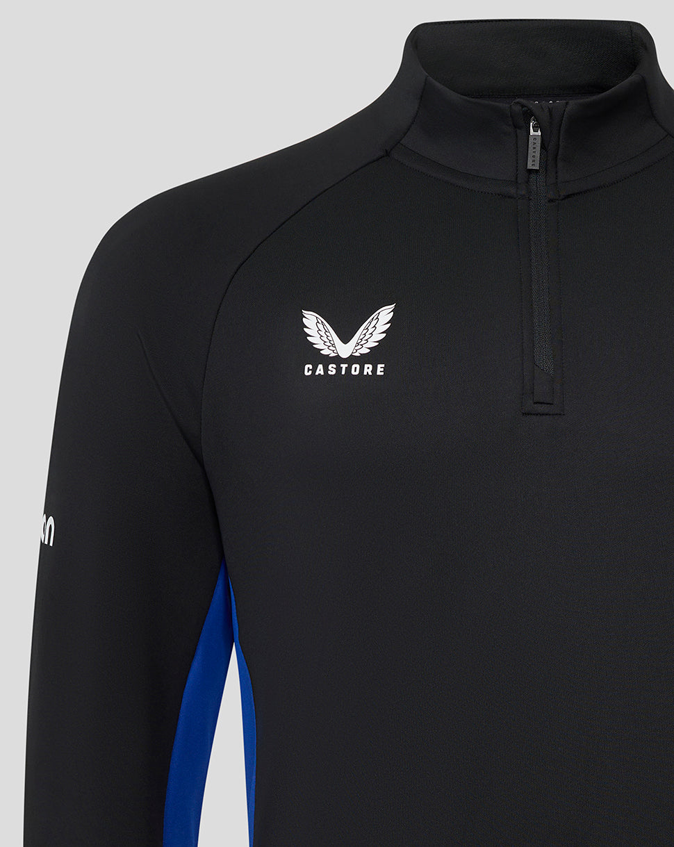 Close-up of Bath Rugby midlayer chest with Castore logo and Bath Rugby crest, blue side panel visible