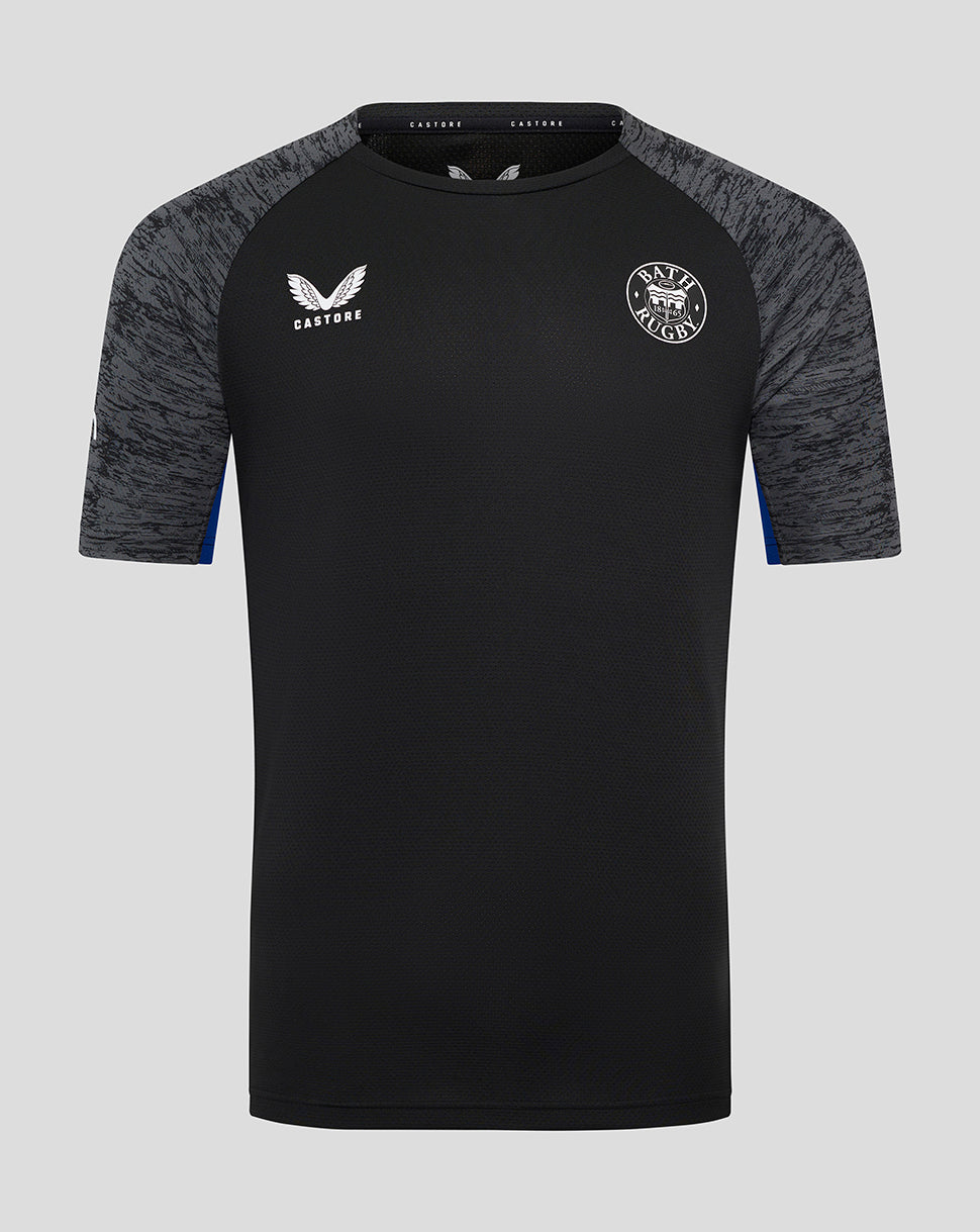 Bath Rugby training short sleeve tee in black with grey marled sleeves and Bath Rugby crest on the chest.