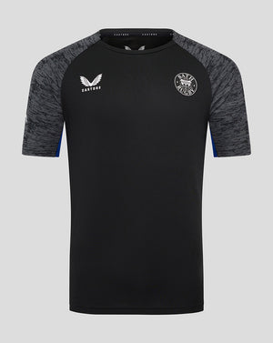 Bath Rugby training short sleeve tee in black with grey marled sleeves and Bath Rugby crest on the chest.