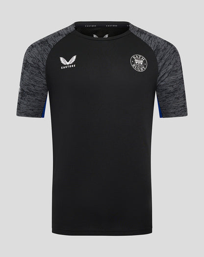 Bath Rugby training short sleeve tee in black with grey marled sleeves and Bath Rugby crest on the chest.
