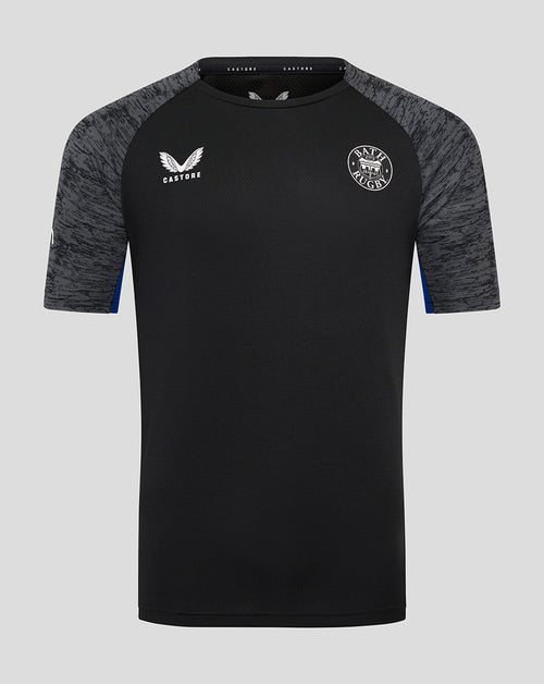 Front view of Bath Rugby Junior training short sleeve tee in black with marled grey sleeves, featuring the Bath Rugby crest and Castore logo.