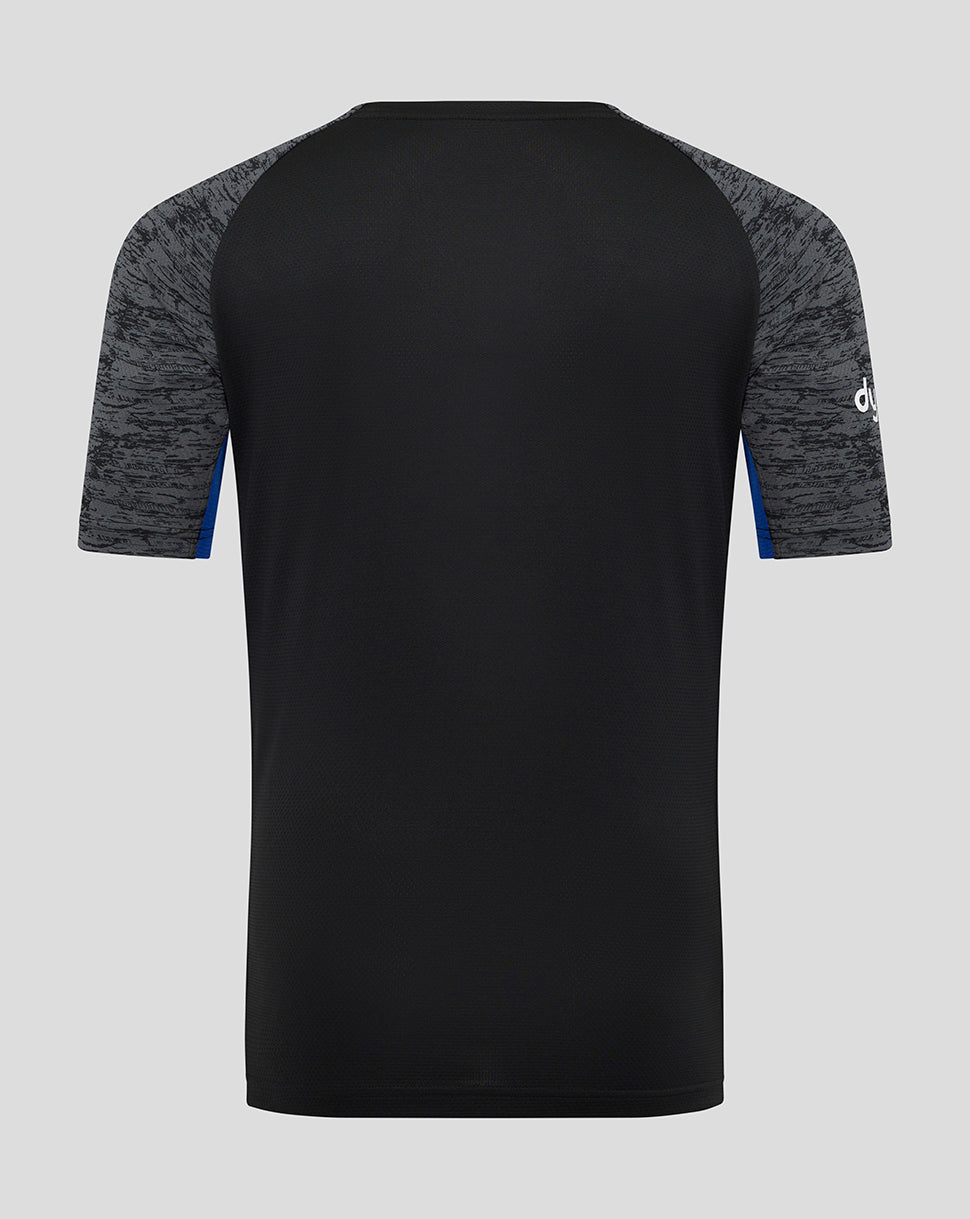 Back view of Bath Rugby training tee in black with grey marled sleeves and blue trim