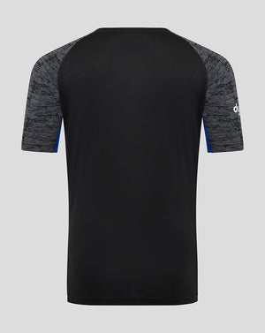 Back view of Bath Rugby Junior training tee with black body grey marled sleeves and blue trim at sleeve edges.