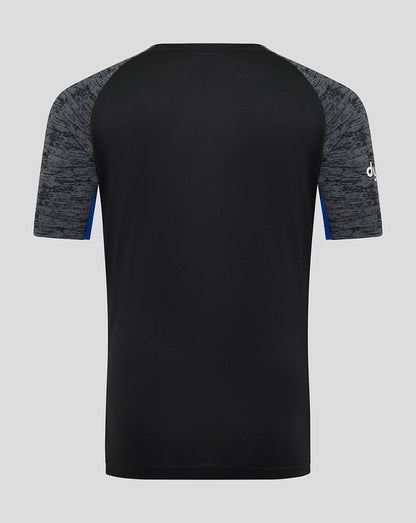 Back view of Bath Rugby Junior training tee with black body grey marled sleeves and blue trim at sleeve edges.