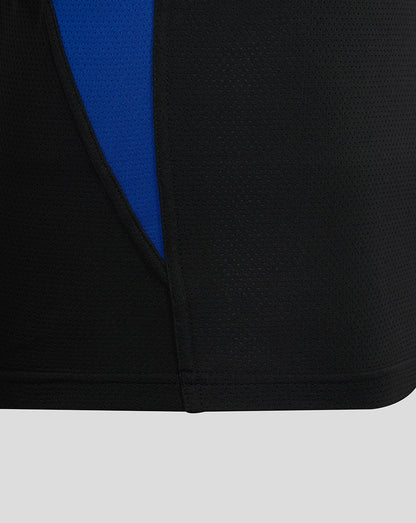 Bottom section of Bath Rugby training tee showing blue side panel against black fabric