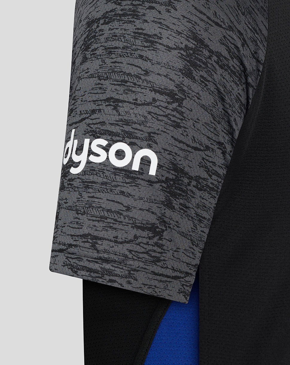 Close-up of a grey camo sleeve with white logo text on Bath Rugby training tee