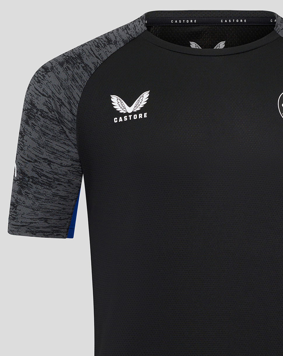 Bath Rugby junior training short sleeve tee with black body grey camo sleeves and white Castore logo on chest