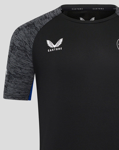 Bath Rugby junior training short sleeve tee with black body grey camo sleeves and white Castore logo on chest