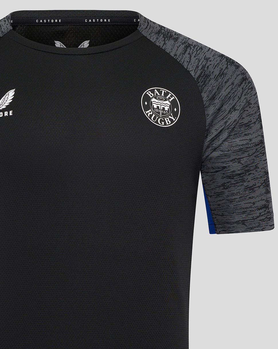 Close-up of Bath Rugby training tee showing the Castore logo on the chest and the Bath Rugby crest.